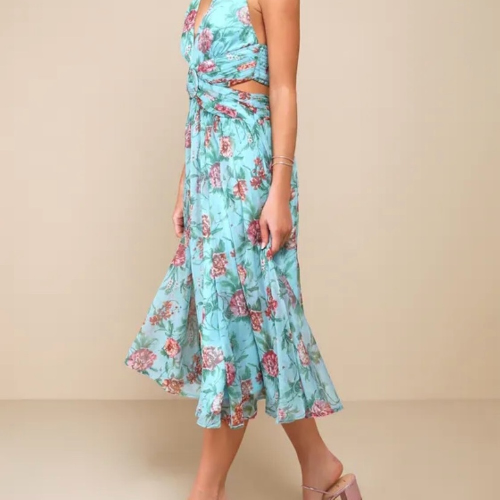 Lulus XL Blue Floral Halter Midi Dress NWT Romantic O-Ring Open Back Chiffon NWT - Picture 2 of 6